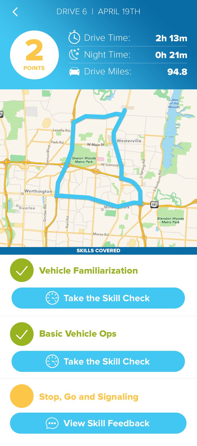 A drive's route on a map, with drive time, night time, miles and the skills covered