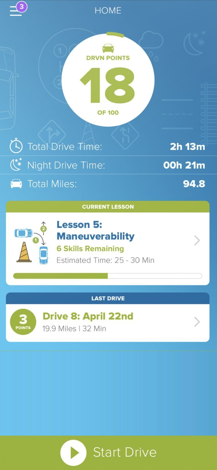 DRVN home screen with total drive time, night drive time, miles, the current lesson and the last drive
