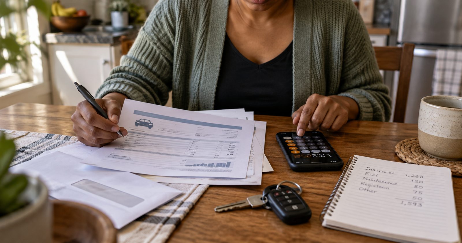 A parent at the kitchen table with an insurance statement, a calculator and car keys.