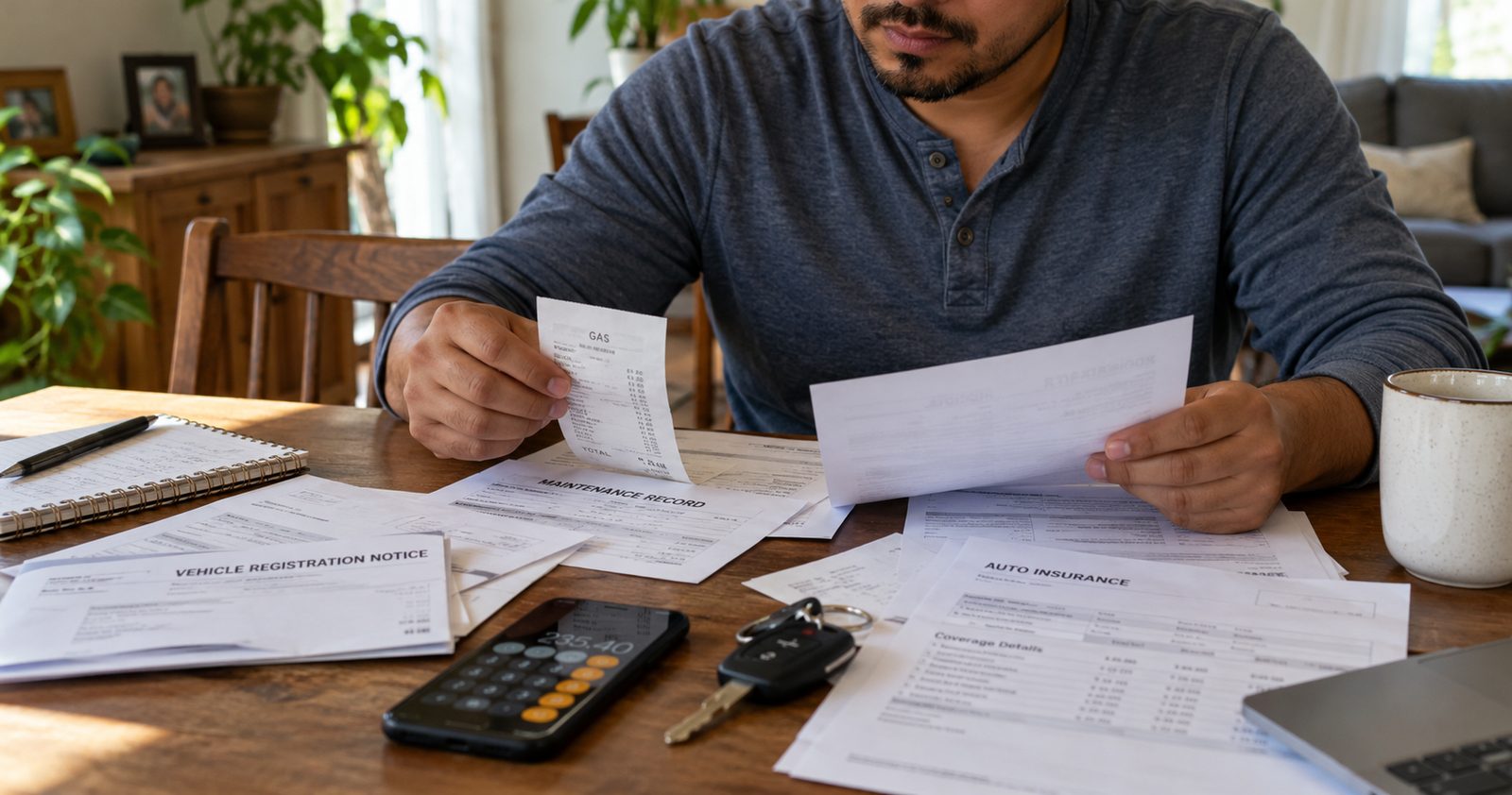 A man at a kitchen table sorting through car bills, an auto insurance statement, a registration notice and a calculator.