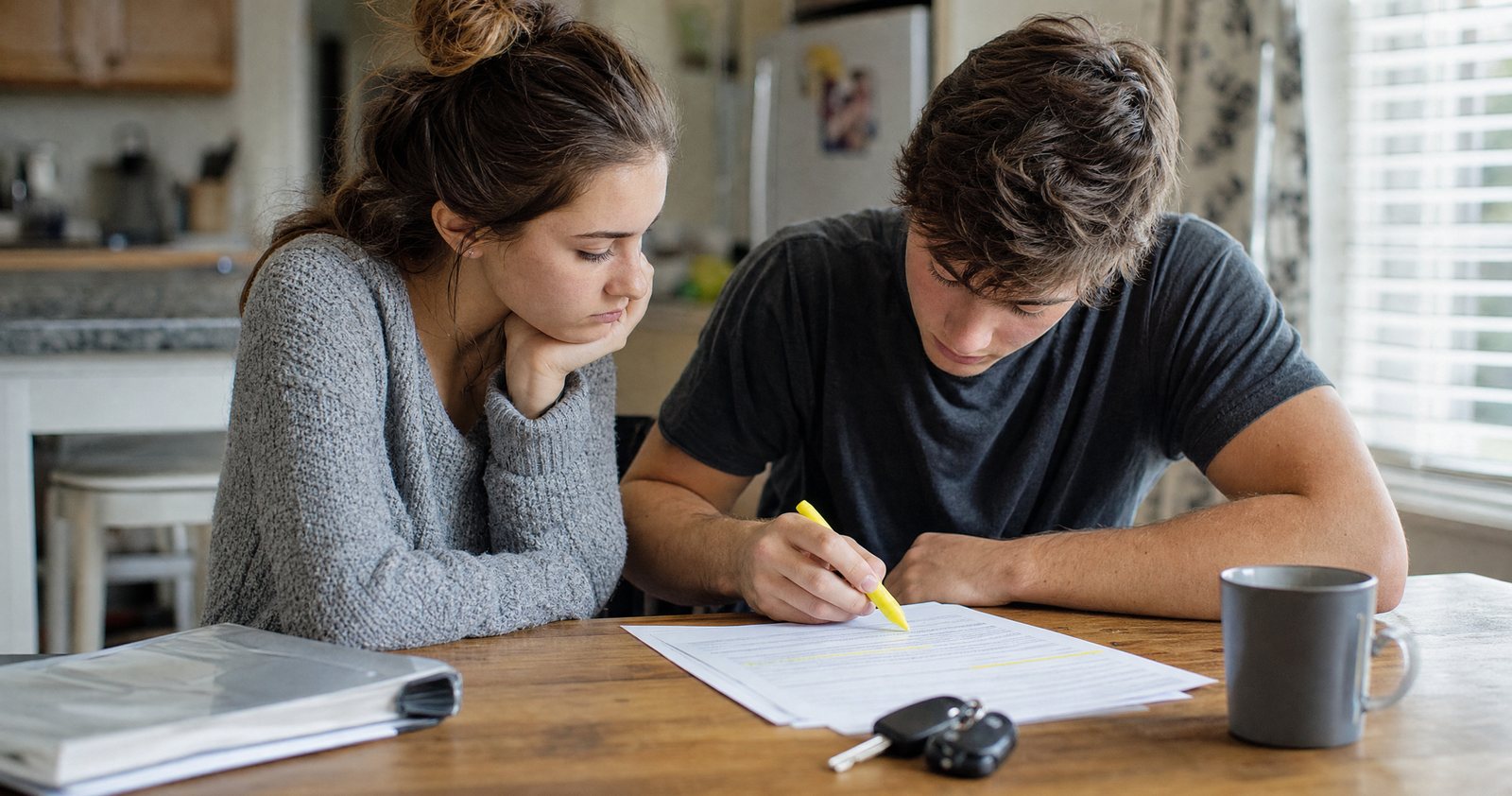 Two teenagers at a kitchen table, one highlighting a line on an insurance document, with car keys nearby.