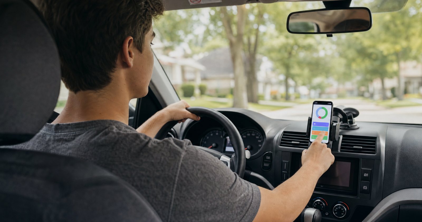 A teen driver with a phone in a dashboard mount showing a driving-score app.