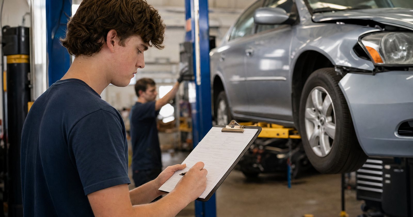 A teenager holds a repair estimate in an auto shop while a damaged car sits on the lift behind him.