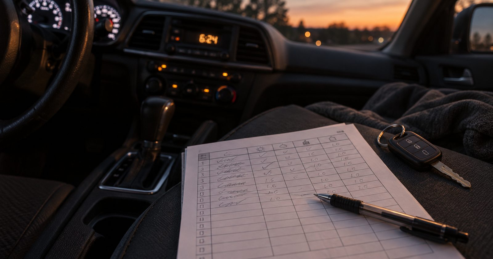 A handwritten practice-driving log and car keys on the passenger seat at dusk.