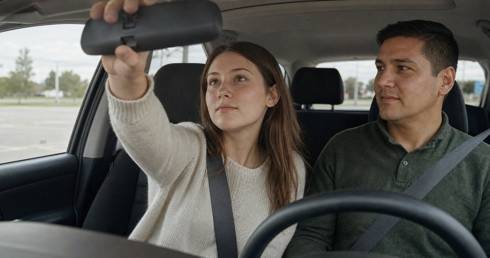A teenage girl adjusts the rearview mirror while her father watches from the passenger seat.