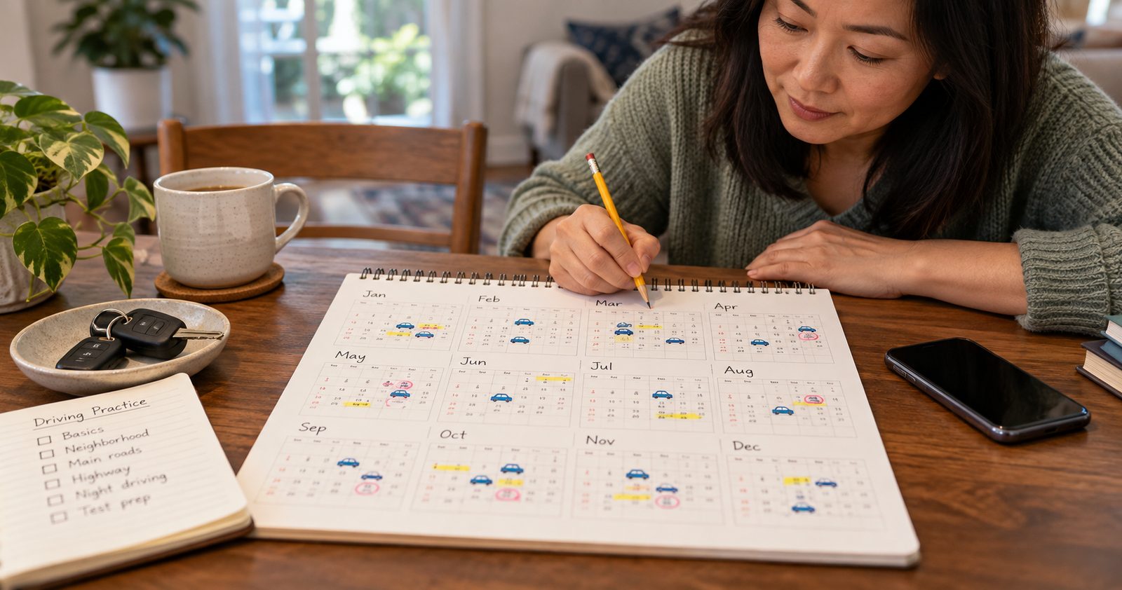 A parent marking practice drives on a year-at-a-glance calendar at the kitchen table.