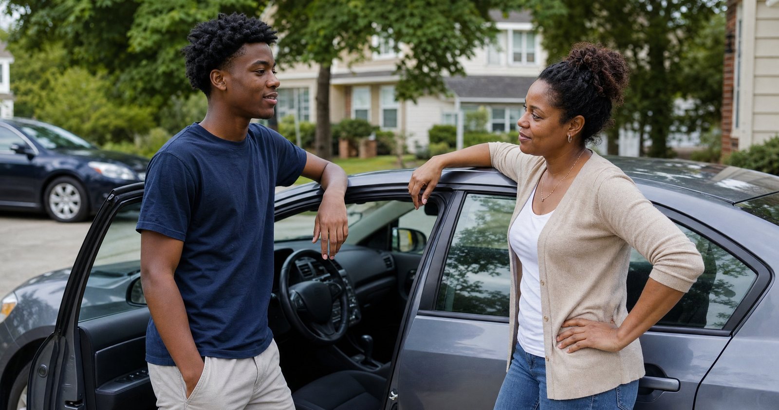 A mother and her teenage son talk beside the car after a practice drive.
