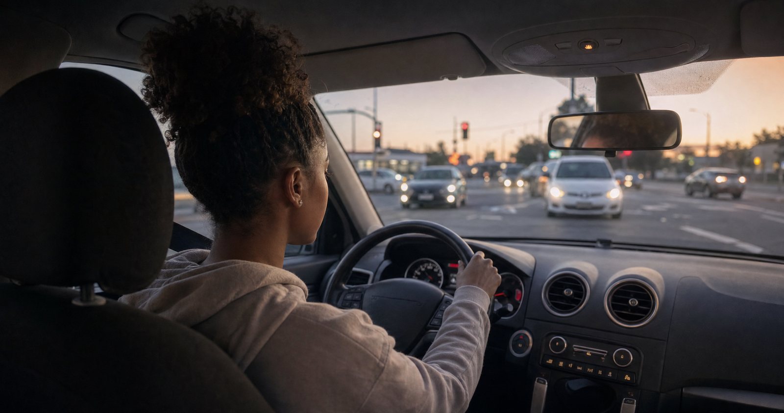 From the back seat, a teen driver waits to turn left across traffic at a busy intersection at dusk.