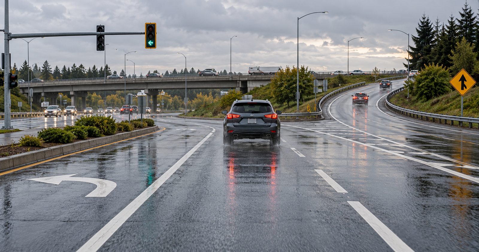 A car on a wet road approaching a highway on-ramp with a merge sign, under a gray sky.