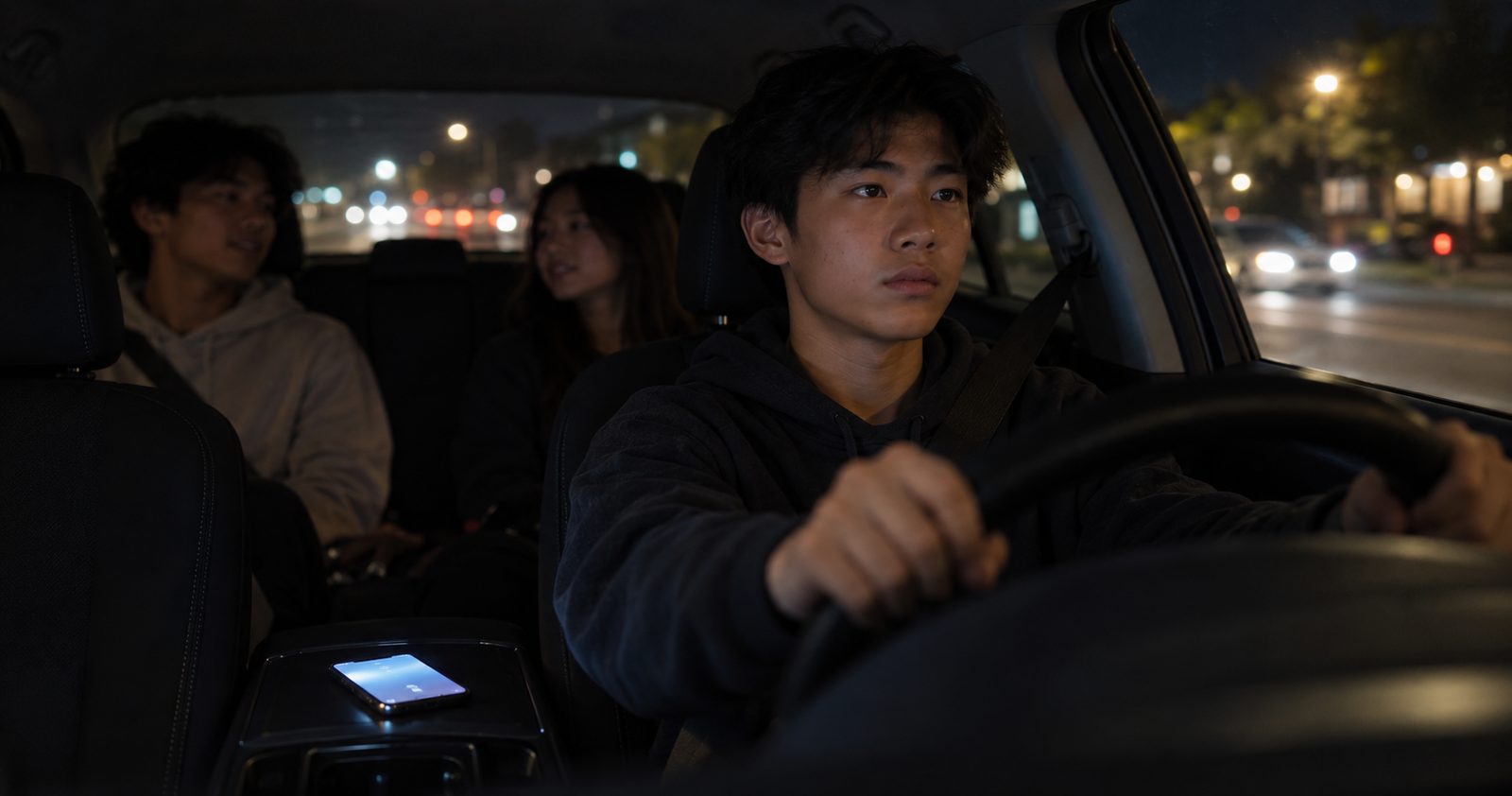 A teenage driver at the wheel at night with two friends in the back seat and a phone lit up on the console.