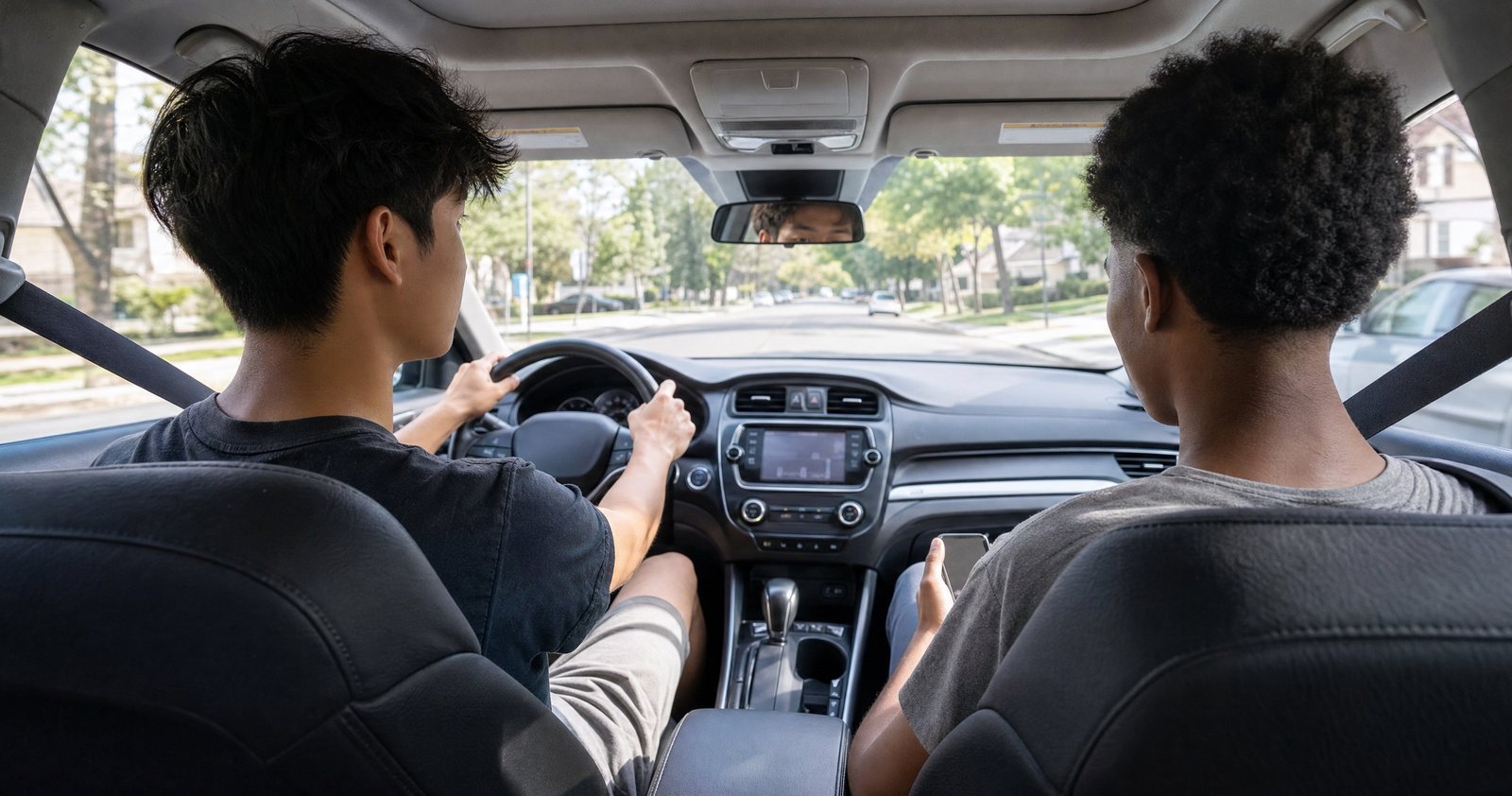 Two teenagers in the front seats of a car, one driving and a friend in the passenger seat.