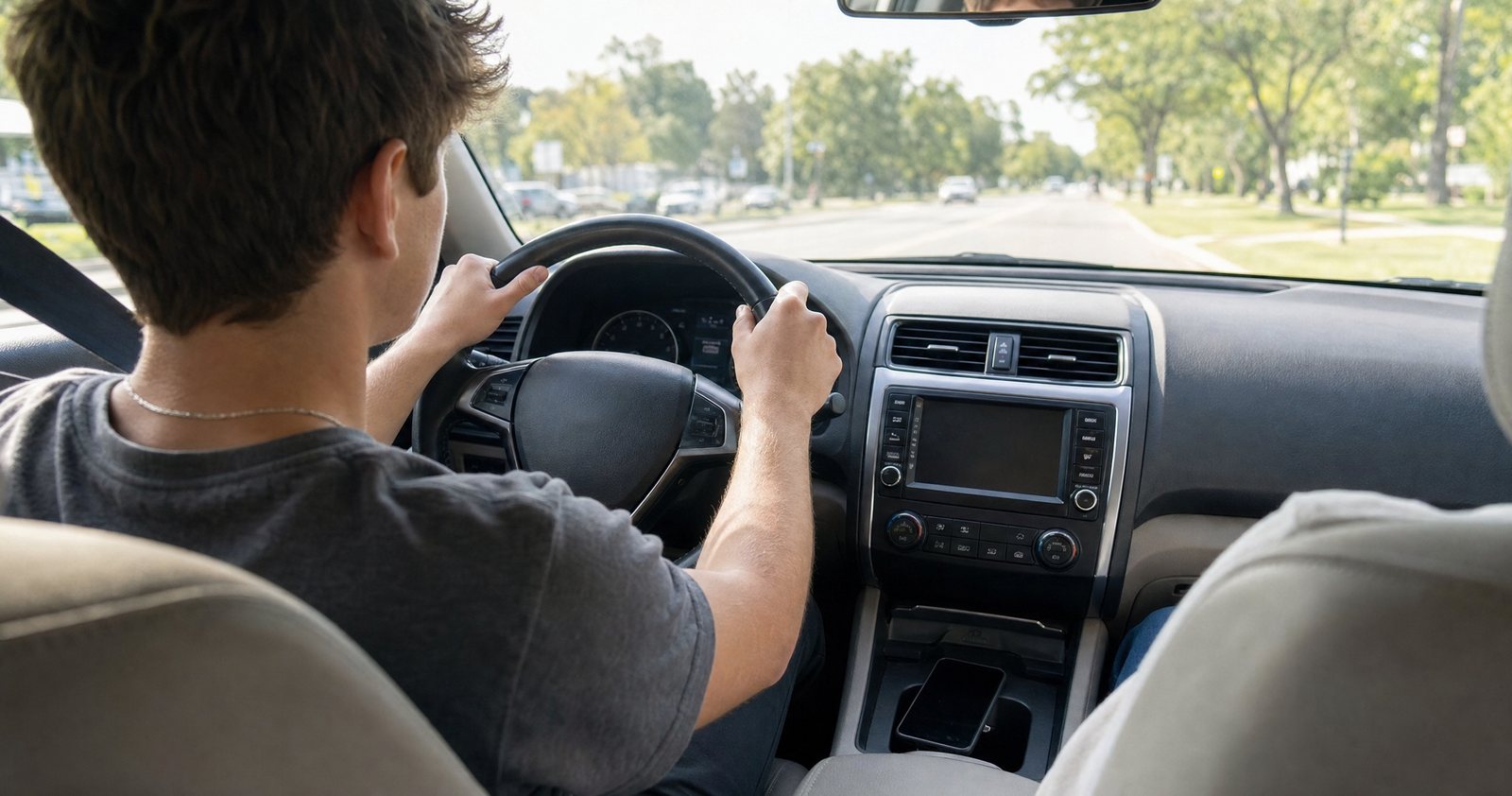 A teen driver reaches toward the dashboard screen while driving.