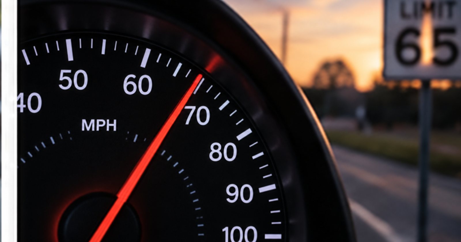 A speedometer needle past 70 mph at dusk, with a 65 mph speed limit sign outside.