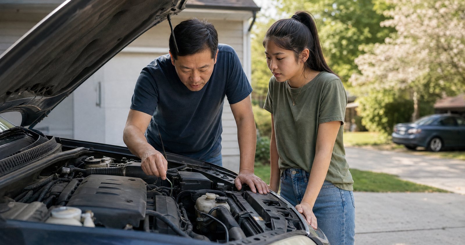 A father and his teenage daughter look under the hood of a used car in the driveway.