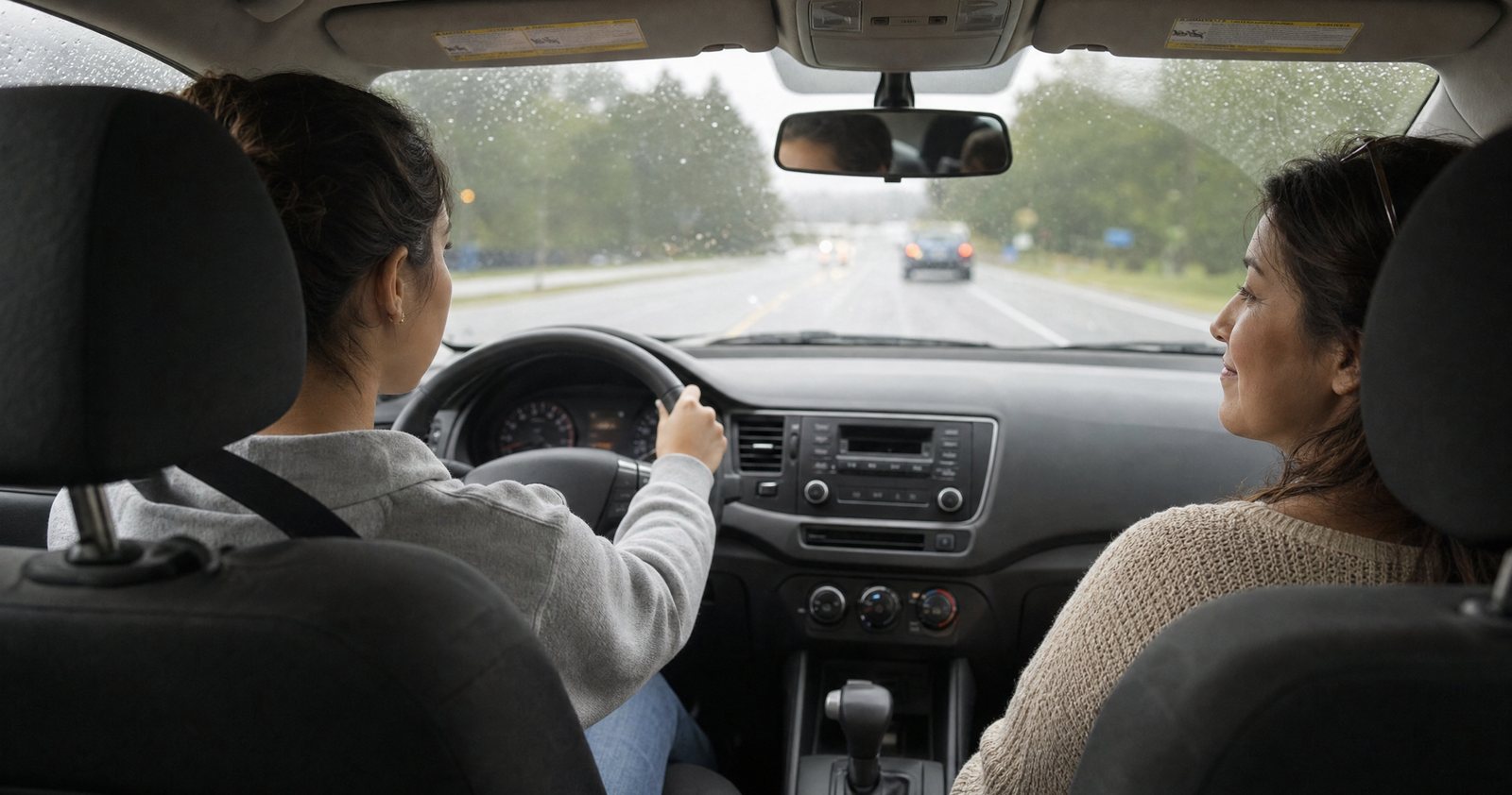 From the back seat, a mother rides along as her teenage daughter drives in the rain.