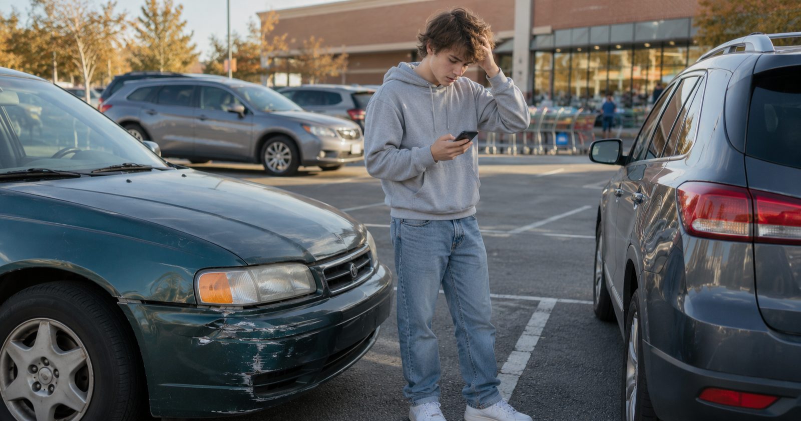 A teenage boy in a parking lot looks at his phone beside a car with a dented front bumper.