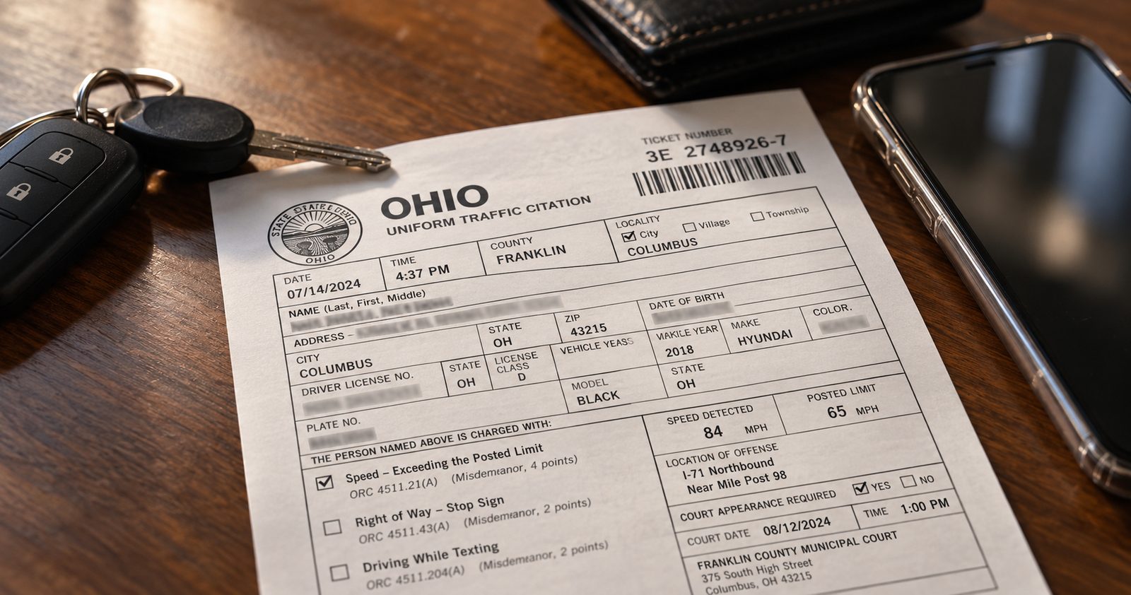 An Ohio speeding citation on a wooden table beside car keys, a wallet and a phone.