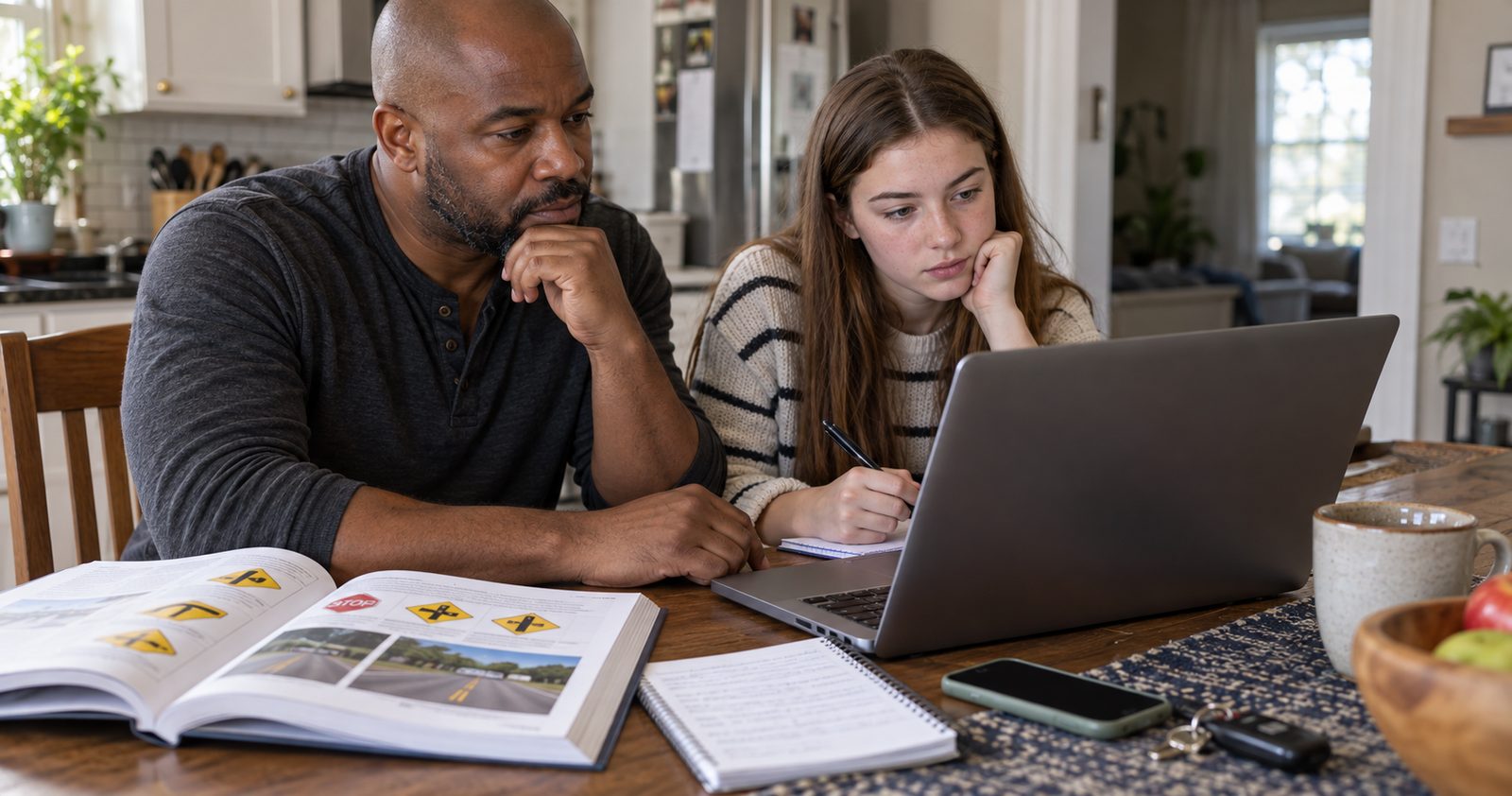 A father and his teenage daughter at the kitchen table with a driver's manual and an online course open on a laptop.