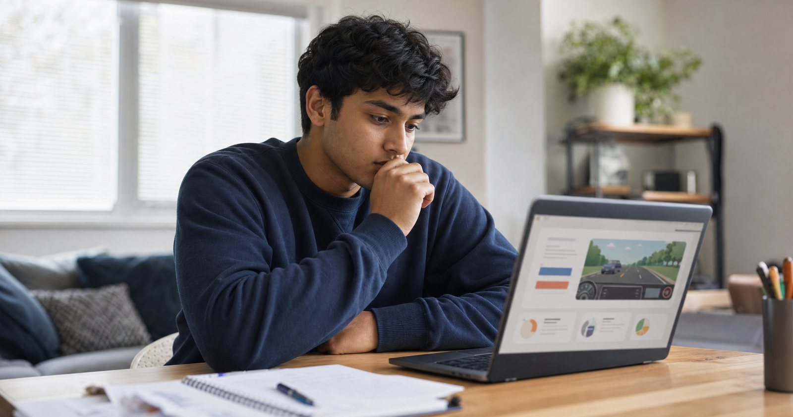 A teenage boy studies an online driver’s ed course on his laptop.