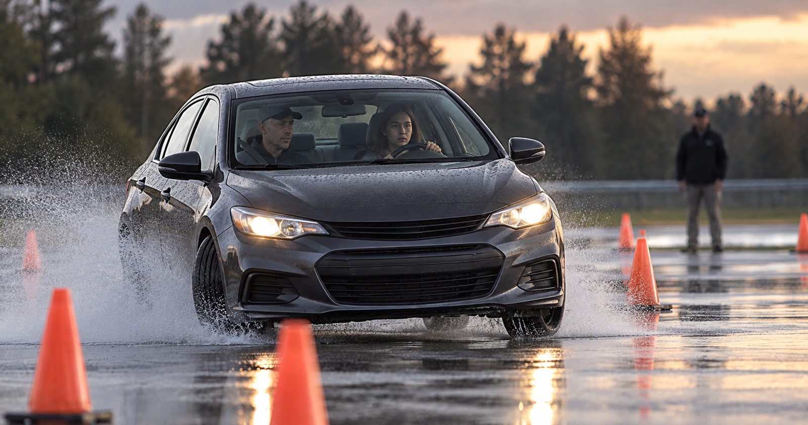 A teenage girl drives through a wet cone course as spray kicks up from the tires, with her father in the passenger seat and an instructor watching.