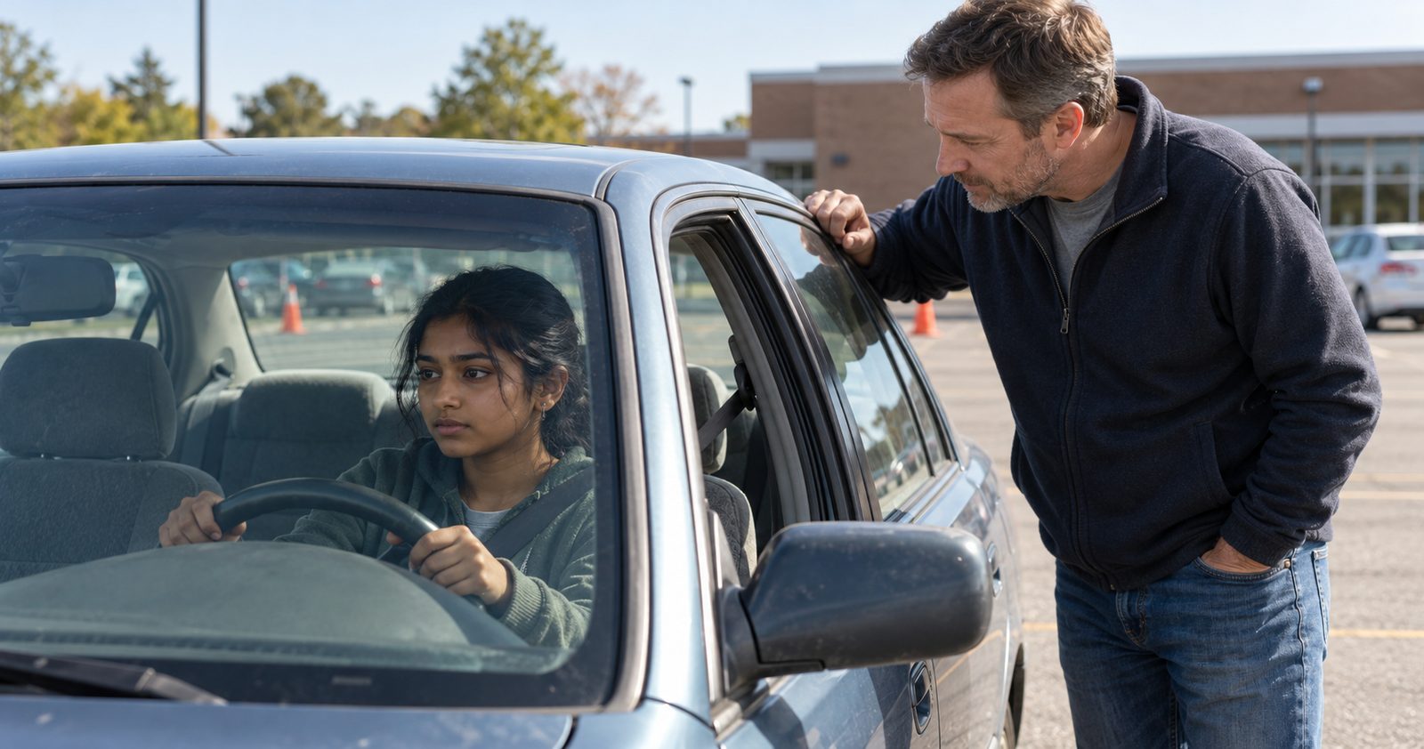 A father leans into the driver’s window to talk with his daughter at the wheel in a parking lot with traffic cones.