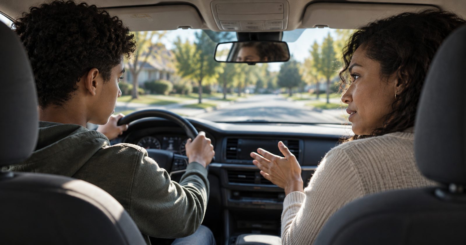 A mother in the passenger seat talks with her teenage son as he drives down a tree-lined residential street.