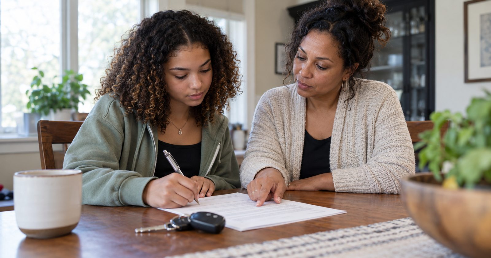 A teenage girl signs a driving agreement at the kitchen table while her mother points to a line, car keys on the table.