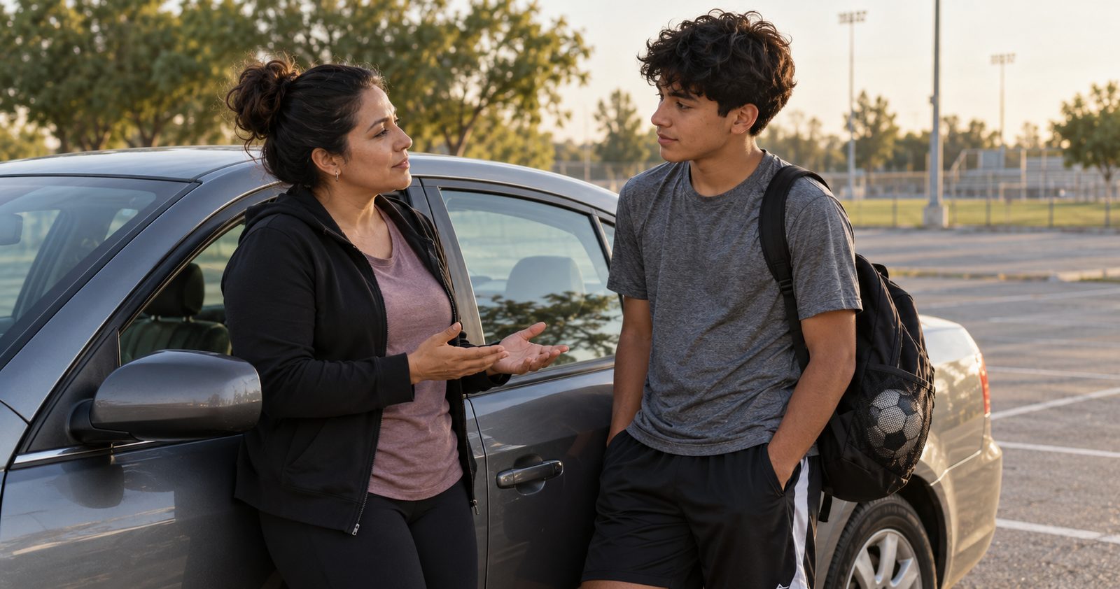A mother and her teenage son talk beside the family car in a parking lot at sunset.