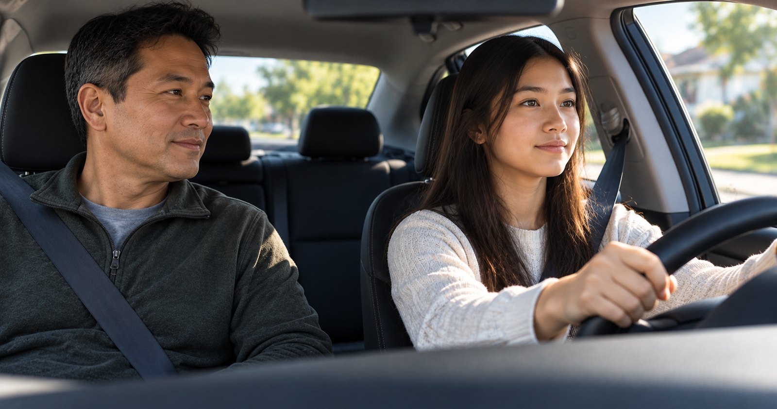 A father rides calmly in the passenger seat while his teenage daughter drives.