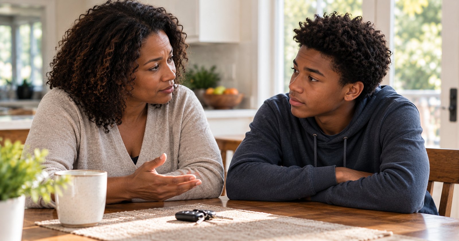 A mother and her teenage son talk at the kitchen table, car keys on the table between them.