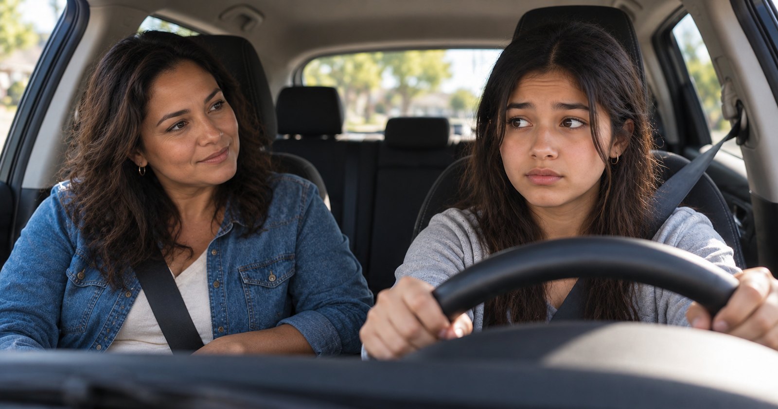 A nervous teenage girl grips the wheel while her mother smiles encouragingly from the passenger seat.