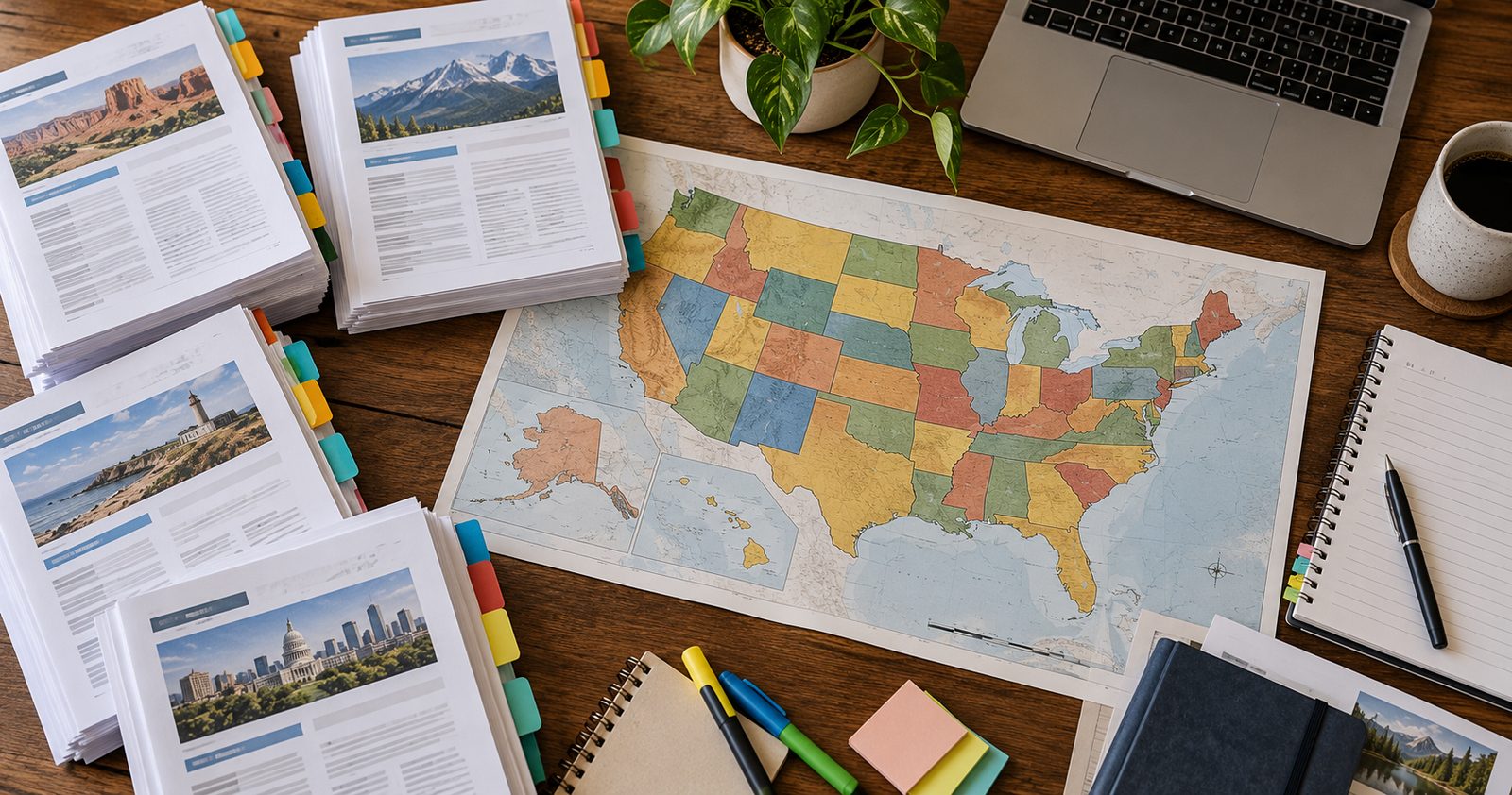 A U.S. map on a desk surrounded by stacks of state driver handbooks.