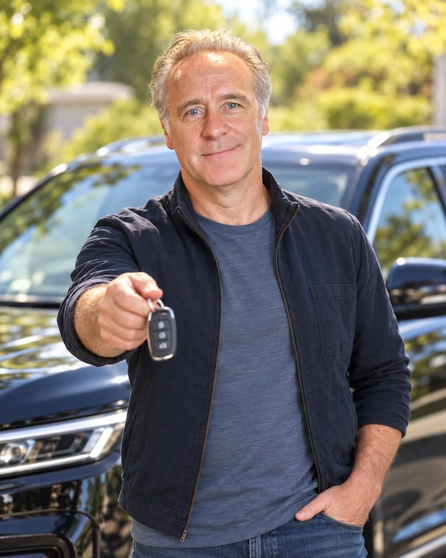 Robert Abbott holding out a set of car keys in front of an SUV